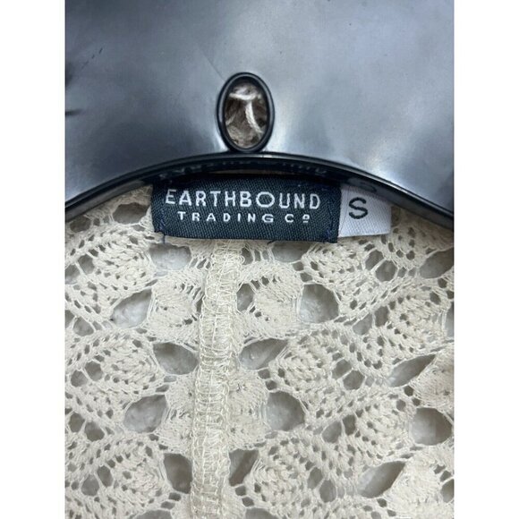 Earthbound Trading Co Crochet Cardigan Small Ivory Pink Fringe Coverup Boho - Picture 4 of 8